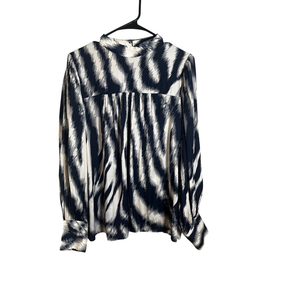 Maison d'Amélie Navy White Abstract Zig Zag Mock Neck Long Sleeve Blouse Large